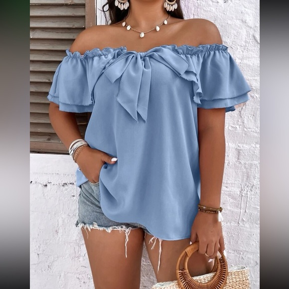 Luxe plus black size off shoulder tie front frill trim blouse - Picture 12 of 15